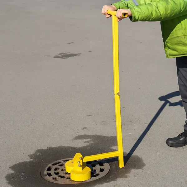 Henkilö avaa kaivonkantta keltaisella KM1200 kansimagneetilla asfaltilla aurinkoisena päivänä.