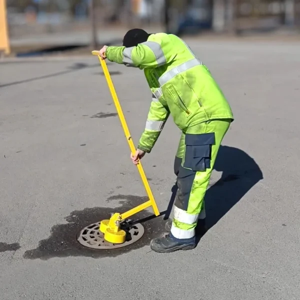 Työntekijä asettaa KM 1200 kannenavaajaa sadevesikaivonkanteen ergonomisesti kuivalla asfalttialueella.